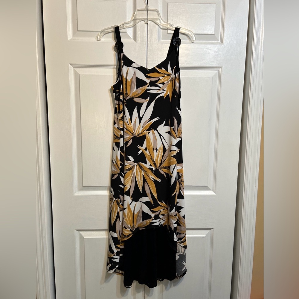 Frank Lyman Hi Lo Dress Sleeveless Button on Straps Size 8 Floral Black Mustard